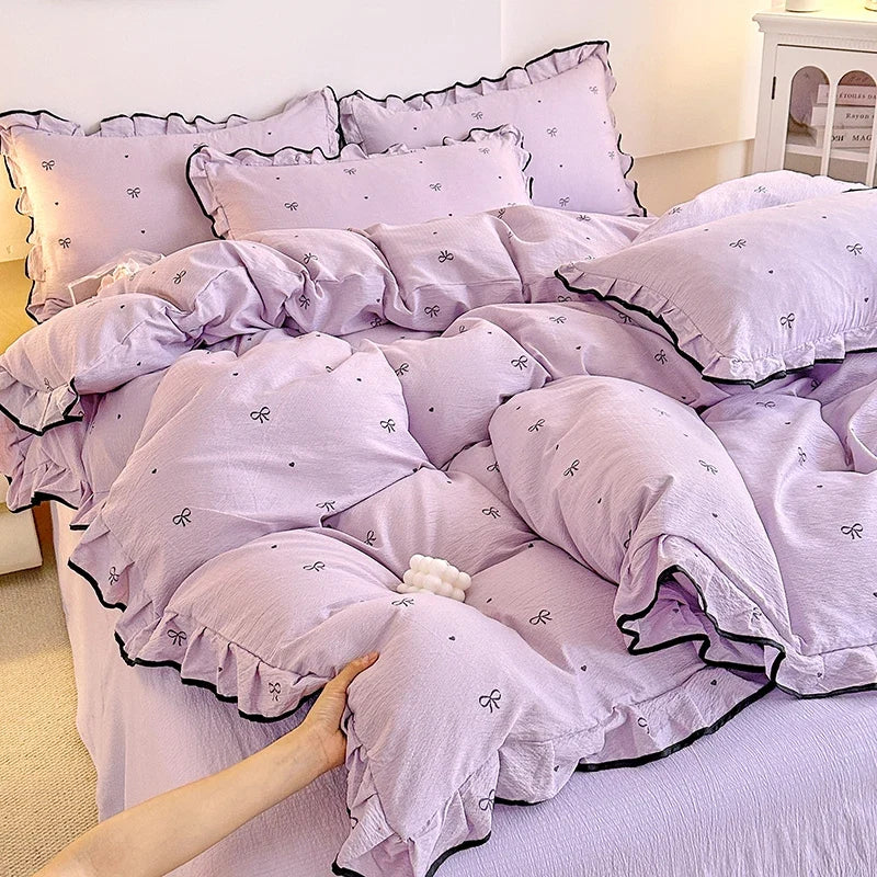 Heart Print Duvet Cover Set Princess Style Lace Ruffles Bedding Set