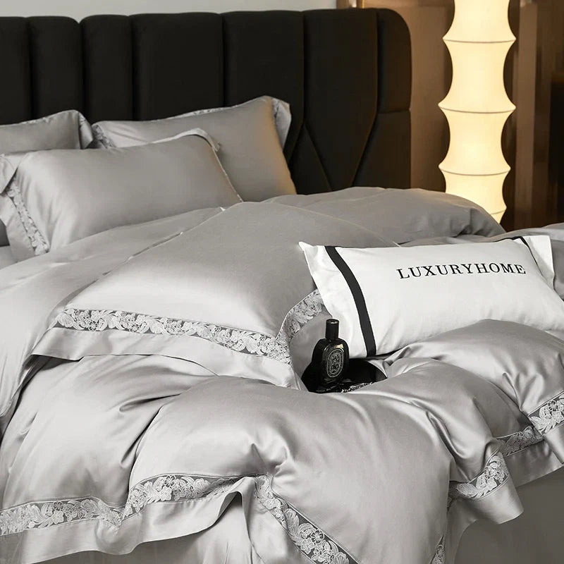 Premium 1000TC Lyocell Cotton Flowers Hollow Lace Wide Edge Embroidery Bedding Set
