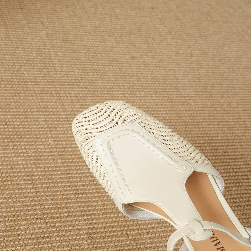 leather cowhide hollow weave low Heel