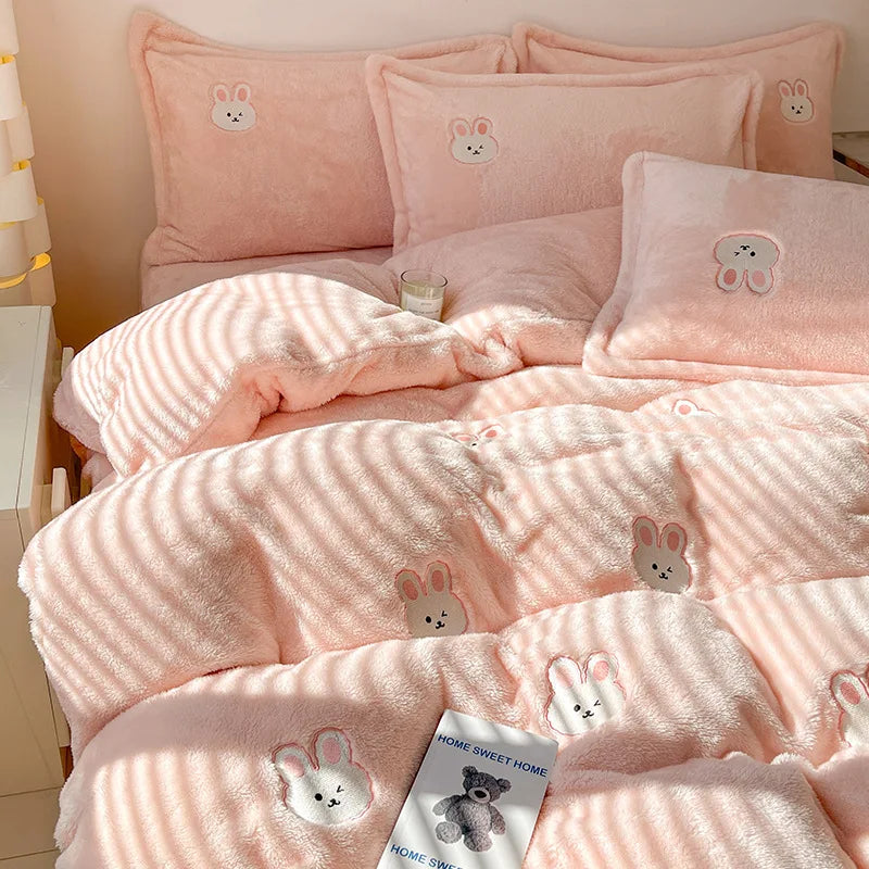 Cartoon Embroidered Plush 4pcs Bedding Set