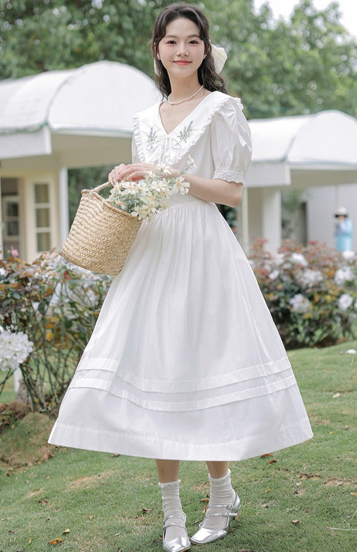 Heidi Flower Embroidered White Cottagecore Dress