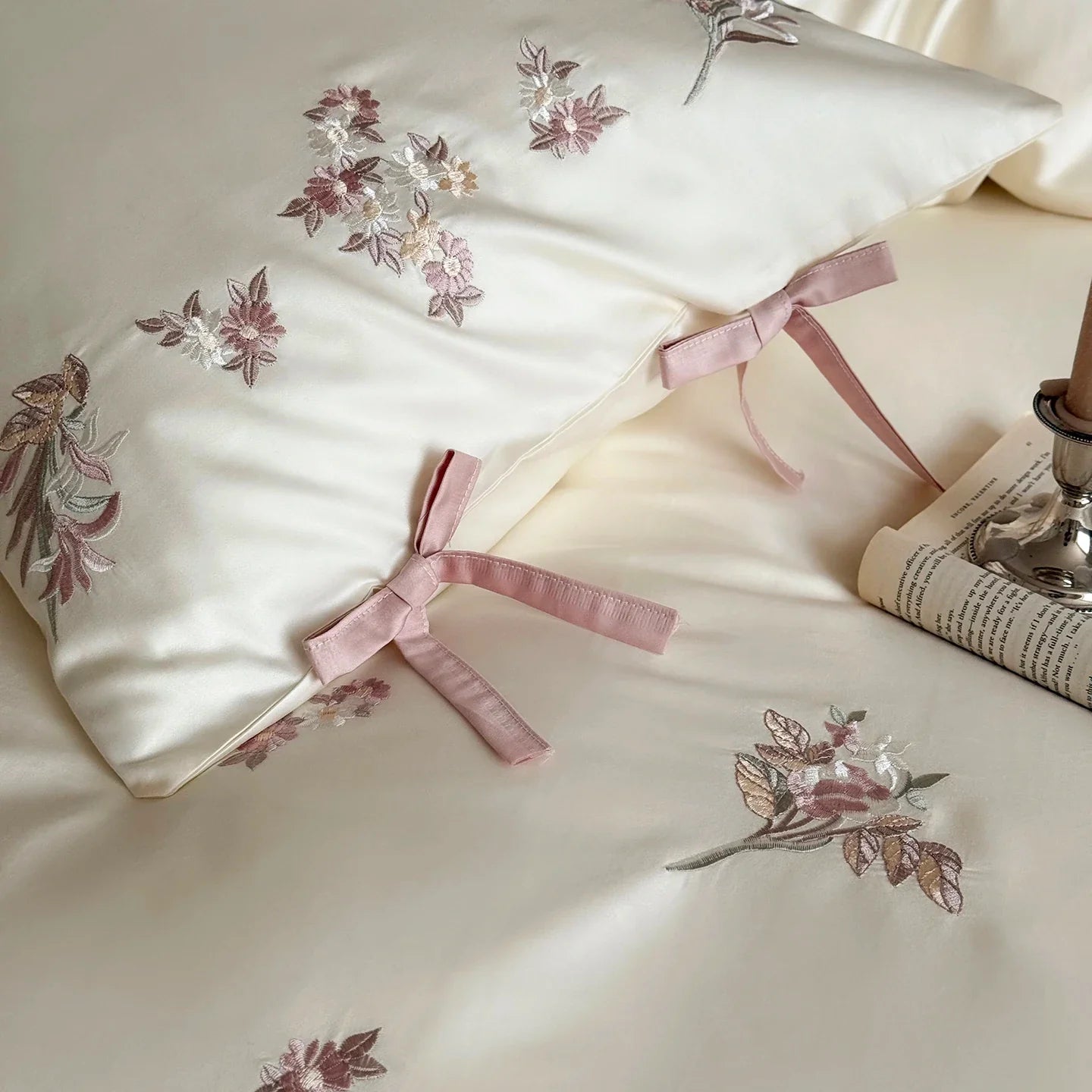 Flowers Embroidery Bow Princess Bedding Set