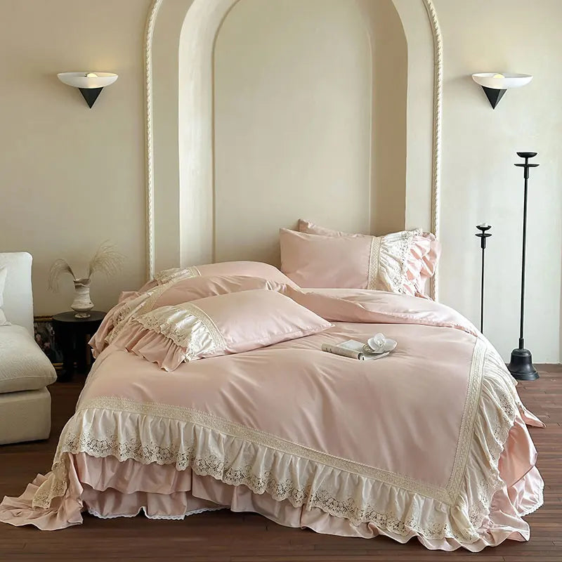French Vintage Lace Ruffles Pure Cotton Princess Bedding Set