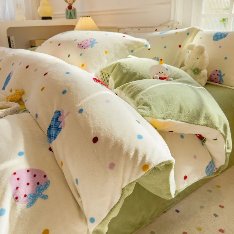 Cartoon Print Milk Velvet Duvet Cover Set Sheet Pillowcase Winter Plush Comforter Cover Set Home Textile Queen King Bedding Set