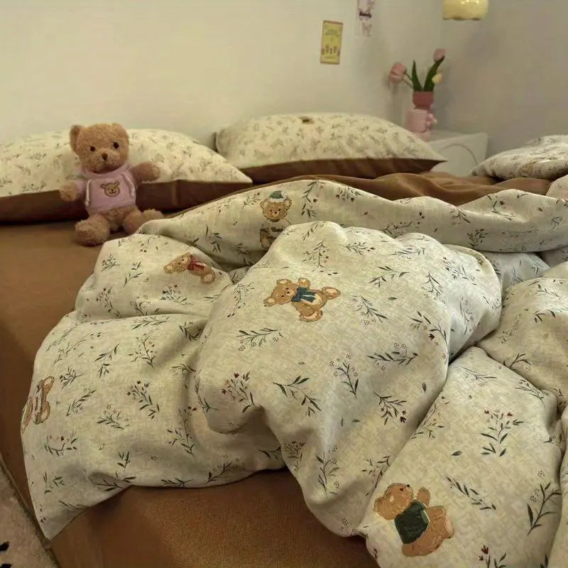 Purple Floral Duvet Cover Set Single Queen Size Girls Flat Sheet Pillowcase No Filler Ins Korean Home Bedding Set