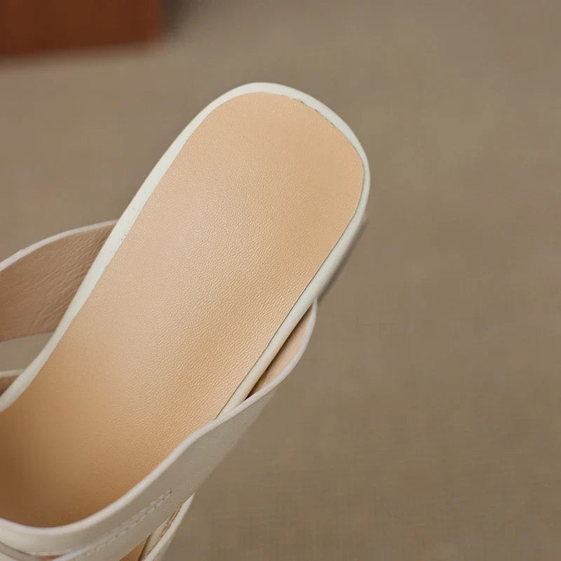 Leather Cowhide Round Head Hollow Breathable Mid Heel