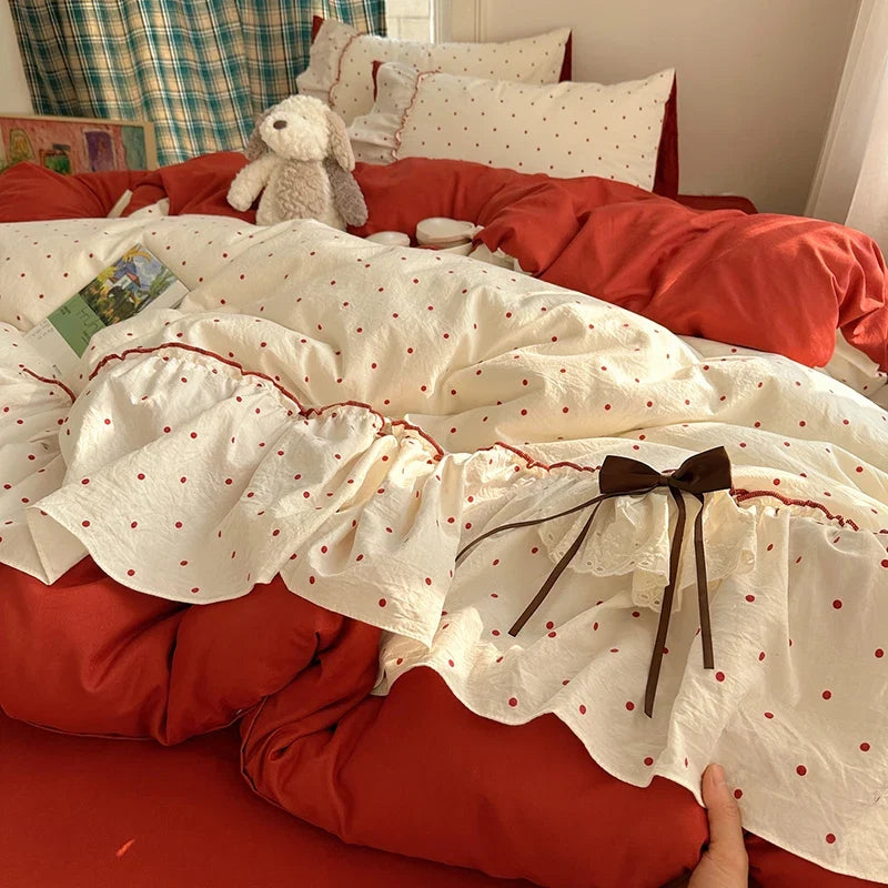 3/4Pcs Korean Princess Style Bow Ruffles Bedding Set