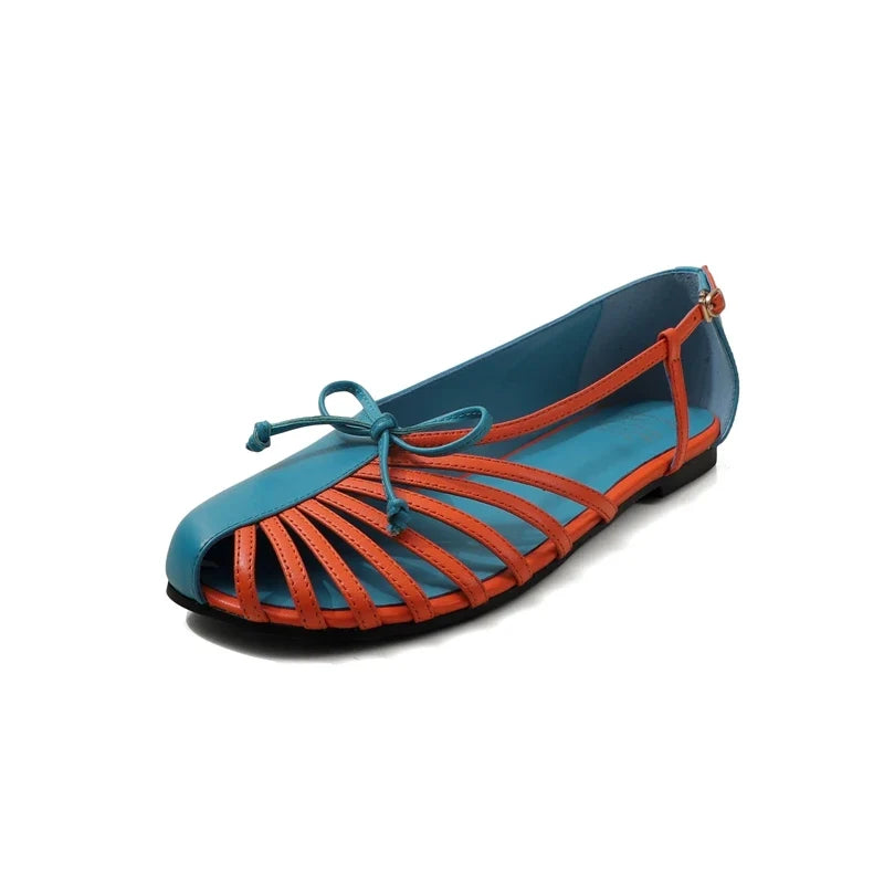 leather cowhide color blocked elastic buckle bow low Heel