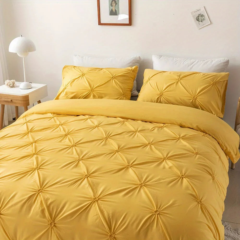 3D Buttoned Pleated Quilt Cover Set 100% Polyester Fabric Soft Skin-friendly Duvet Cover and Pillowcases Solid Color Bedding Set