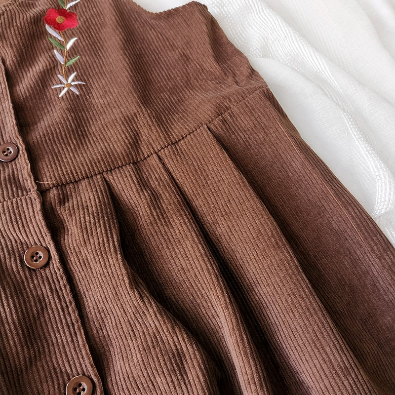 Meadow Petal Corduroy Flower Embroidered Cottagecore Dress