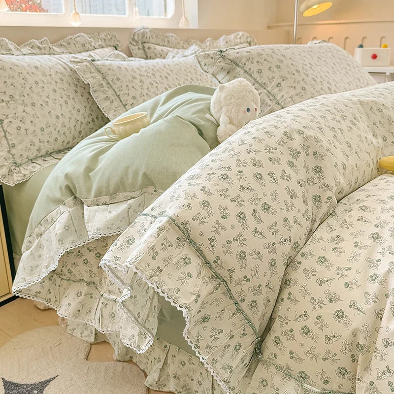 Korean Princess Style Rose Floral Ruffle Bedding Set