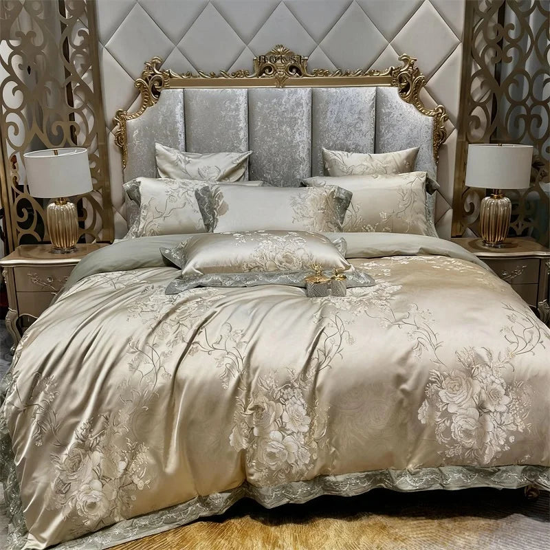 1000TC Egyptian Cotton Soft Silky Satin Jacquard Flowers Luxury Bedding Set