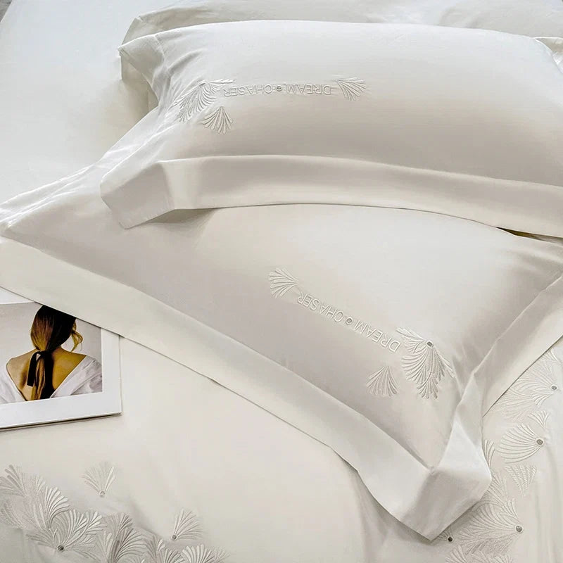 Luxury Embroidery Solid Color Premium Egyptian Cotton Queen King Bedding Set