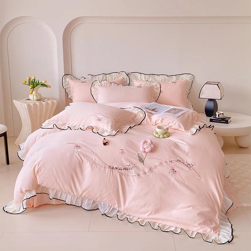 3/4Pcs Korean Princess Style Washed Cotton Three-Dimensional Flower Embroidery Lace Pink Beddings Sets Full Ruffle Duvet Cover