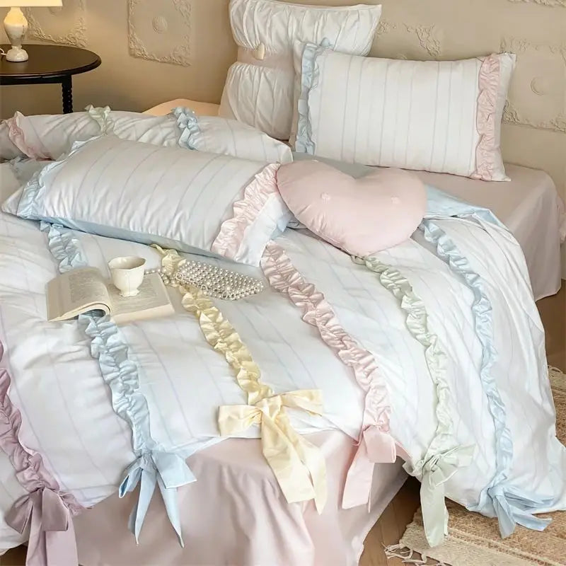 Colorful Ribbon Bow Korean Princess Style Bedding Set