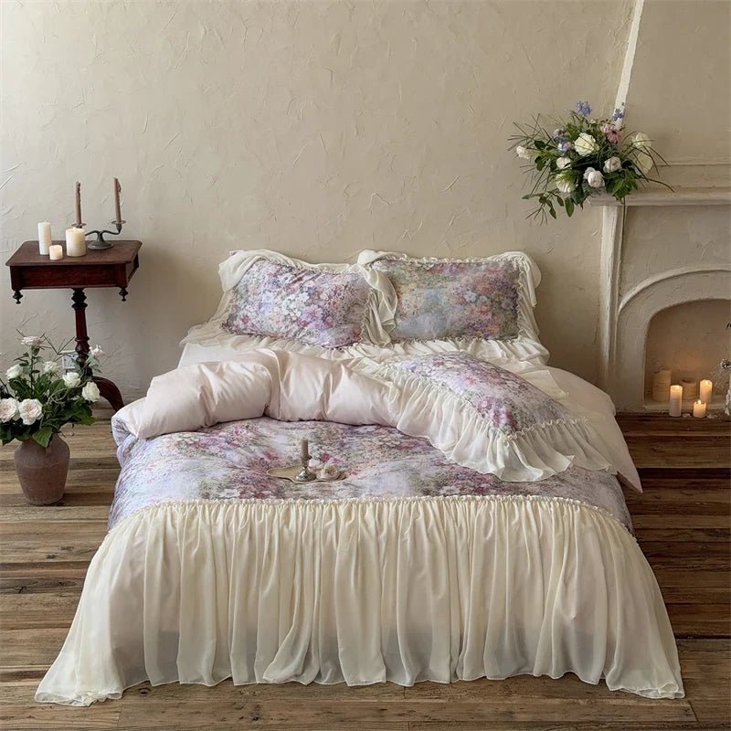 Flowers Print Chiffon Lace Ruffles Princess Bedding Set