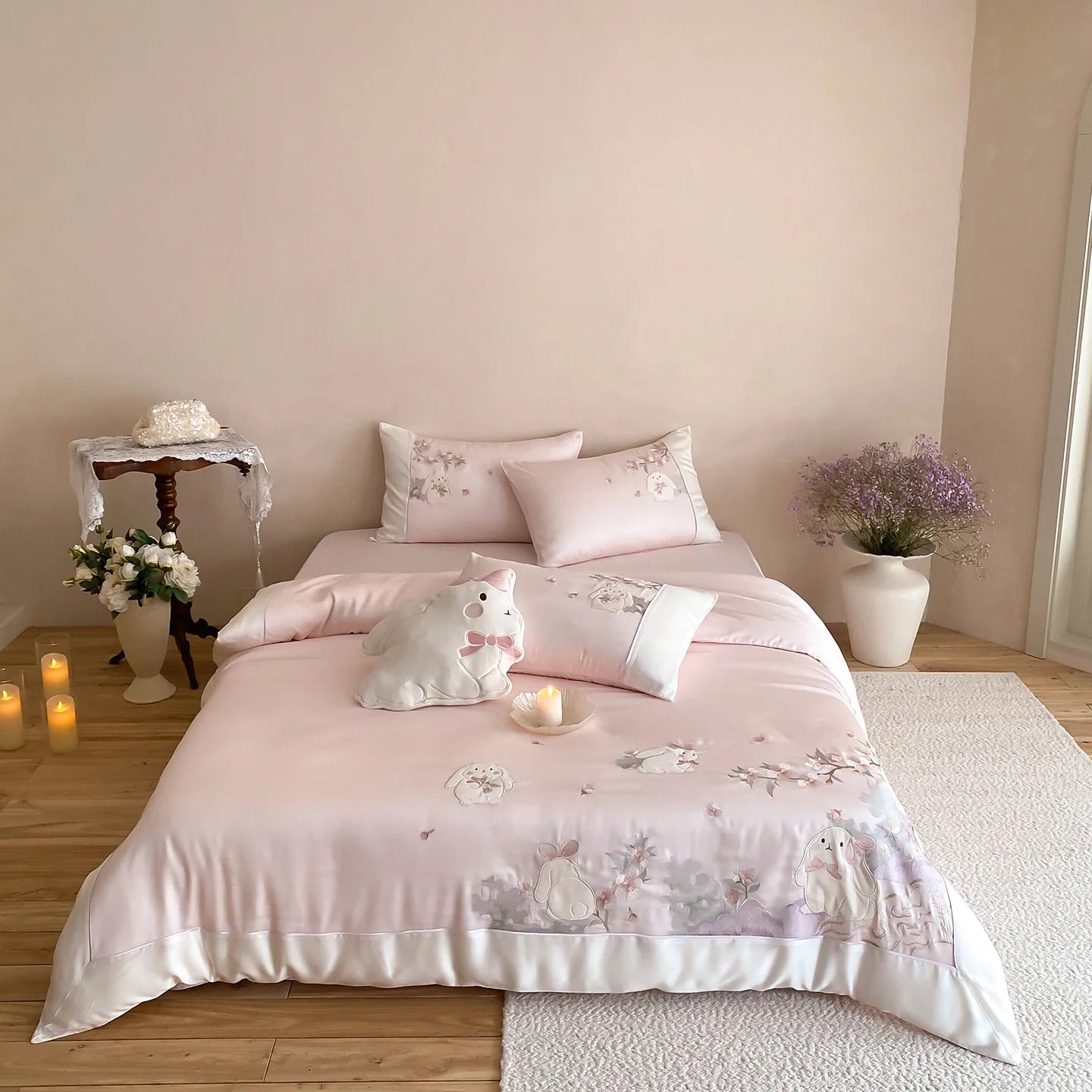 Pink Cute Rabbit Embroidery 600TC Lyocell Soft Silky Cooling Summer Bedding Set