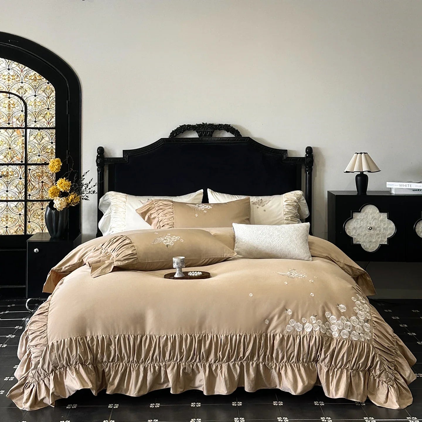 Luxury Rose Butterfly Embroidery Ruffles Princess Bedding Set