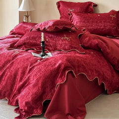Gold Bow Embroidery Luxury Wedding Bedding Set