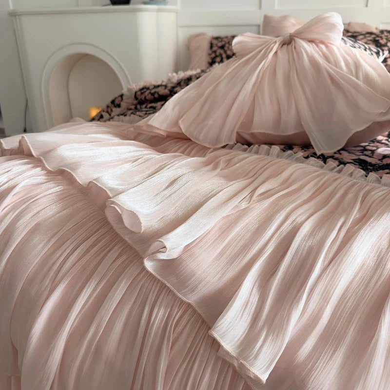 Vintage Floral Print Ruffles Bow Princess Bedding Set