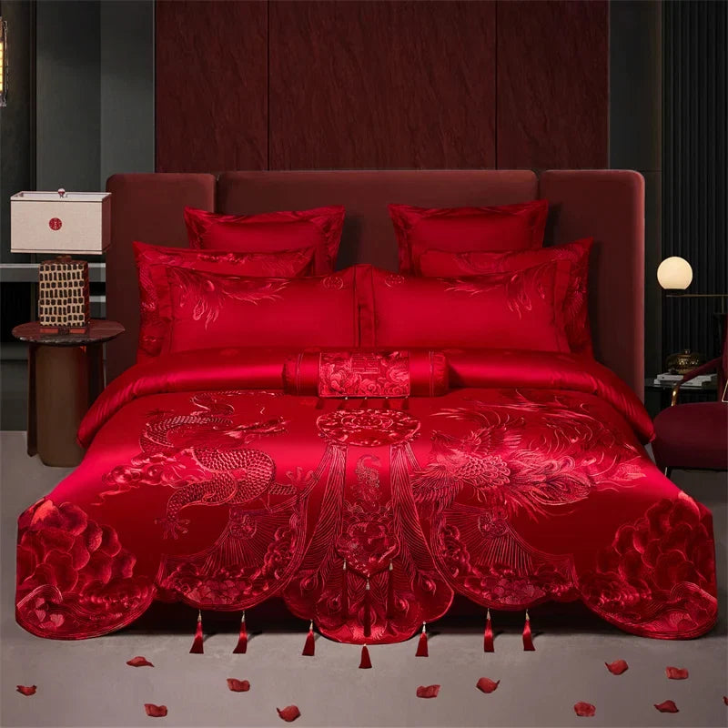 Luxury Gold Dragon Phoenix Embroidery Chinese Style Wedding Bedding Set