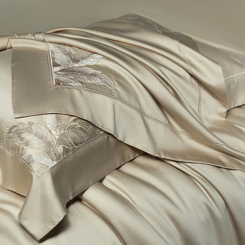 Champagne Luxury Leaf Embroidery Bedding Set