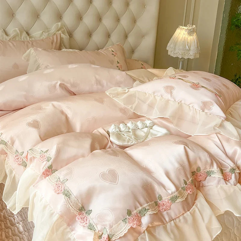 4Pcs Pure Cotton French Flowers Lace Ruffles Princess Wedding Bedding Set