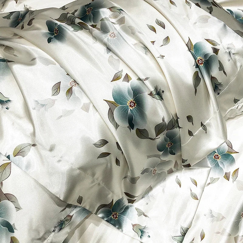 Luxury Mulberry Silk Duvet Cover High End Floral Printed Bedding Set