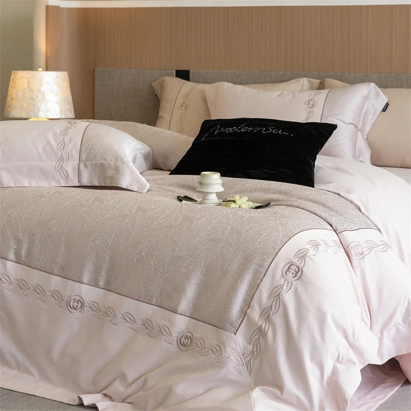 1000TC Egyptian Cotton Brushed Jacquard Embroidery Luxury Solid Color Bedding Set