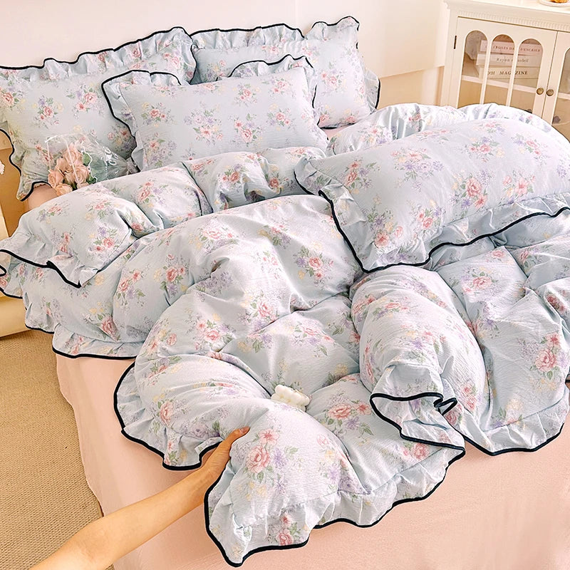 Heart Print Duvet Cover Set Princess Style Lace Ruffles Bedding Set