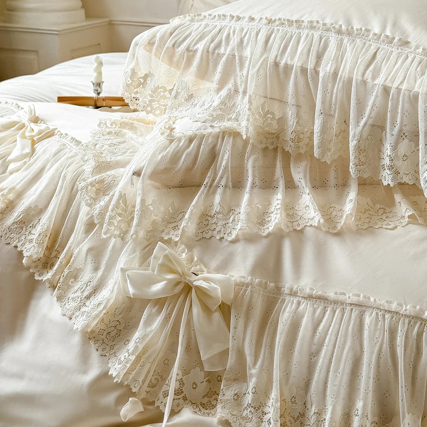 100% Cotton Vintage French Lace Ruffles Bow Princess Wedding Bedding Set