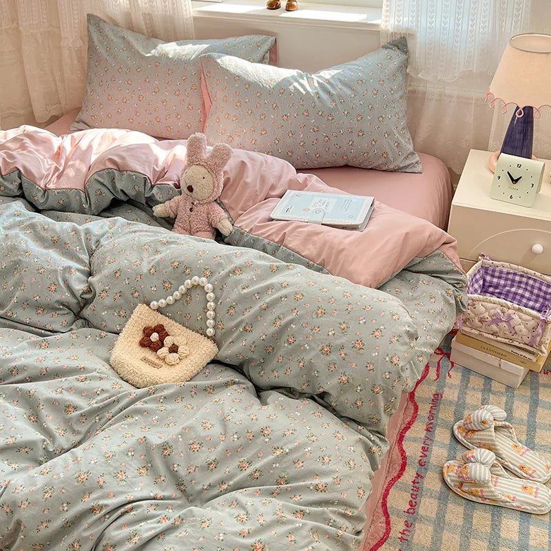 Japanese Floral Printed Duvet Cover Set Twin King Soft Homestay Bedding Set