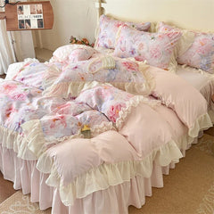 3/4Pcs French Princess Style Pink Luxury Duvet Cover Set Double Bedding Bedroom With Elastic Band Bed Linen Ruffle Pillowcase