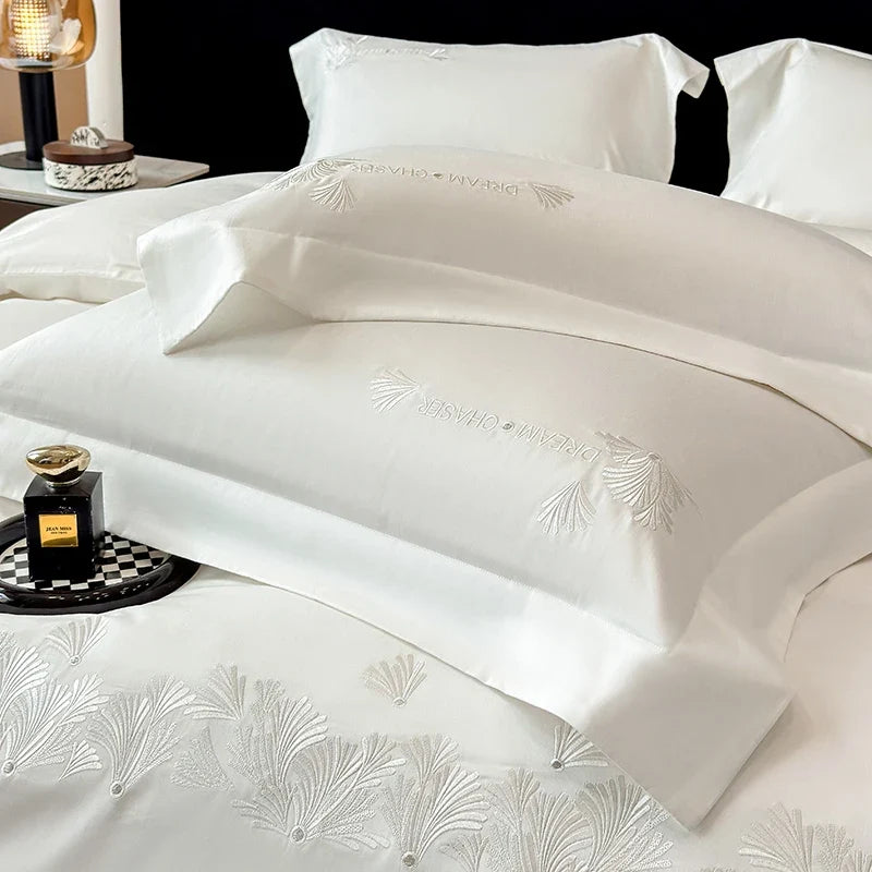 Luxury Embroidery Solid Color Premium Egyptian Cotton Queen King Bedding Set