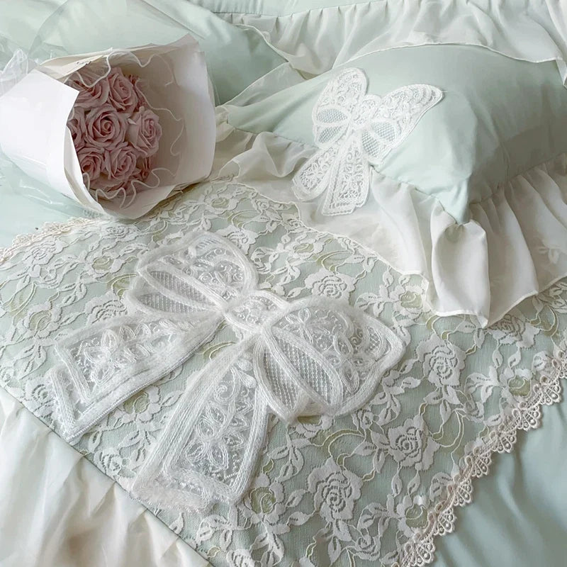 3/4Pcs Korean Princess-Style Bow Lace Ruffle Green Bedding Set