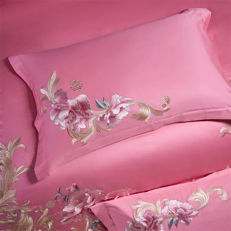 Luxury Chinese Style Wedding Flowers Embroidery Rose Pink Bedding Set