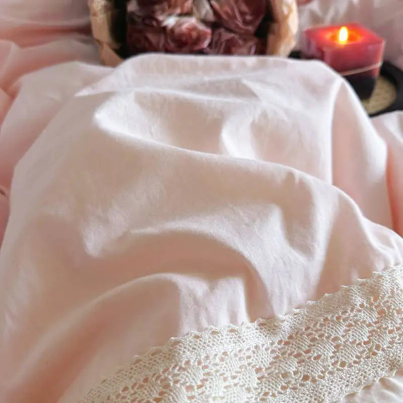 Pink Vintage Double Layer Lace Ruffles 100% Cotton Bedding Set