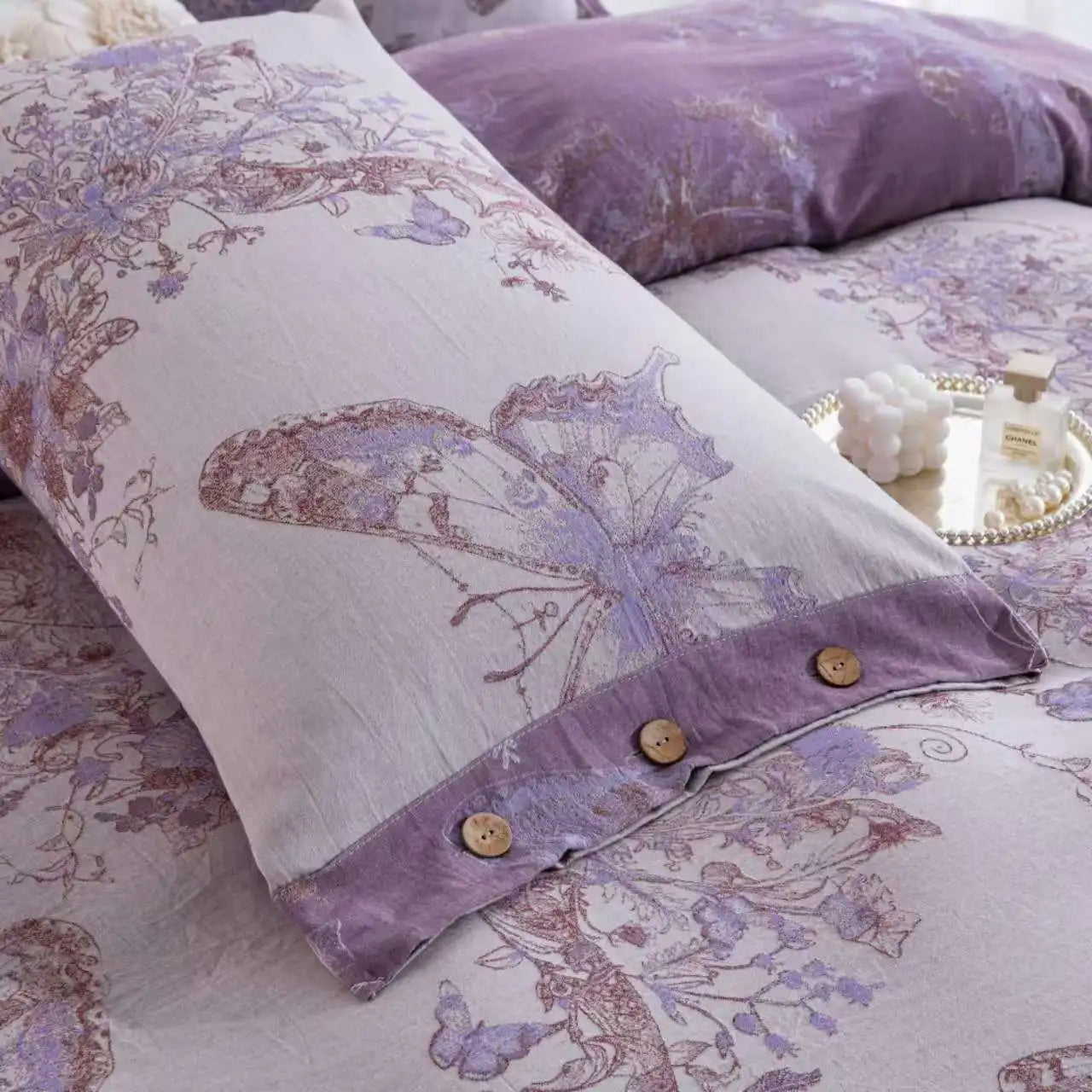 100% Cotton Butterfly Flowers Jacquard Purple Luxury Bedding Set