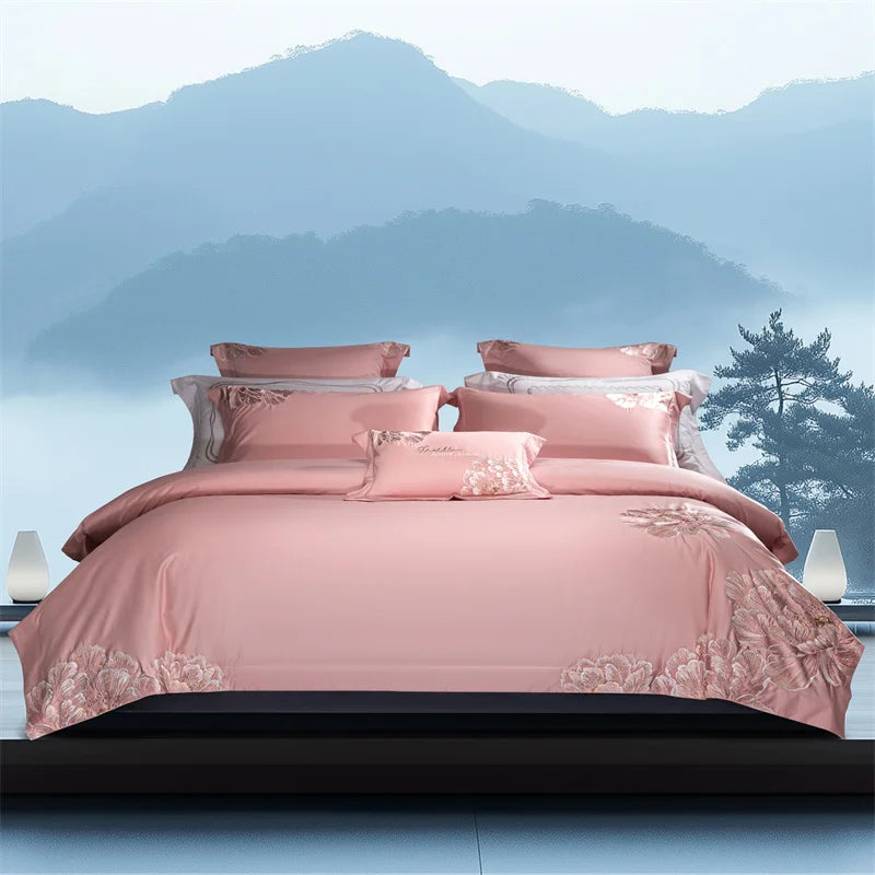 1000TC Egyptian Cotton Chinese Style Flowers Embroidery Luxury Bedding Set