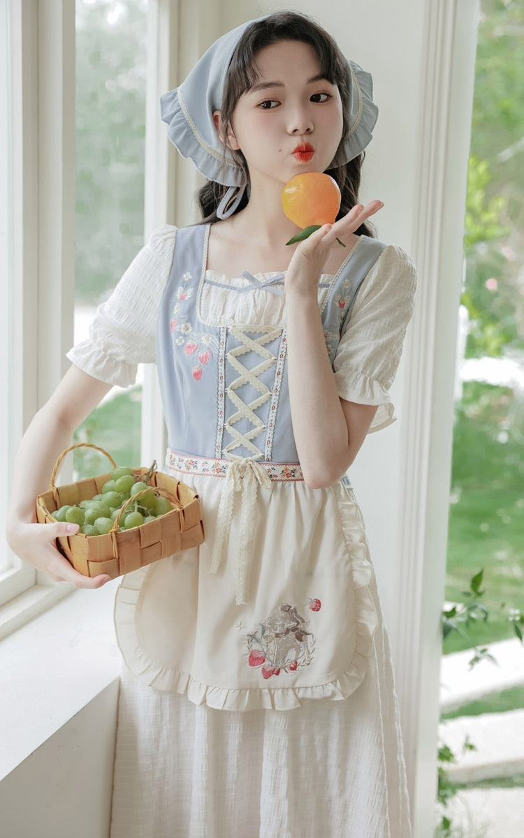 Strawberry Garden 3-Piece Set Cottagecore Dress with Head Scarf
