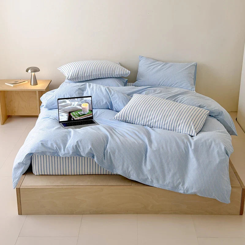Japanese Blue Striped 100% Cotton Duvet Cover Set Queen King Bedding Set