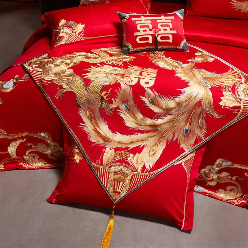 Chinese Style Wedding Dragon Phoenix Embroidery Egyptian Cotton Bedding Set