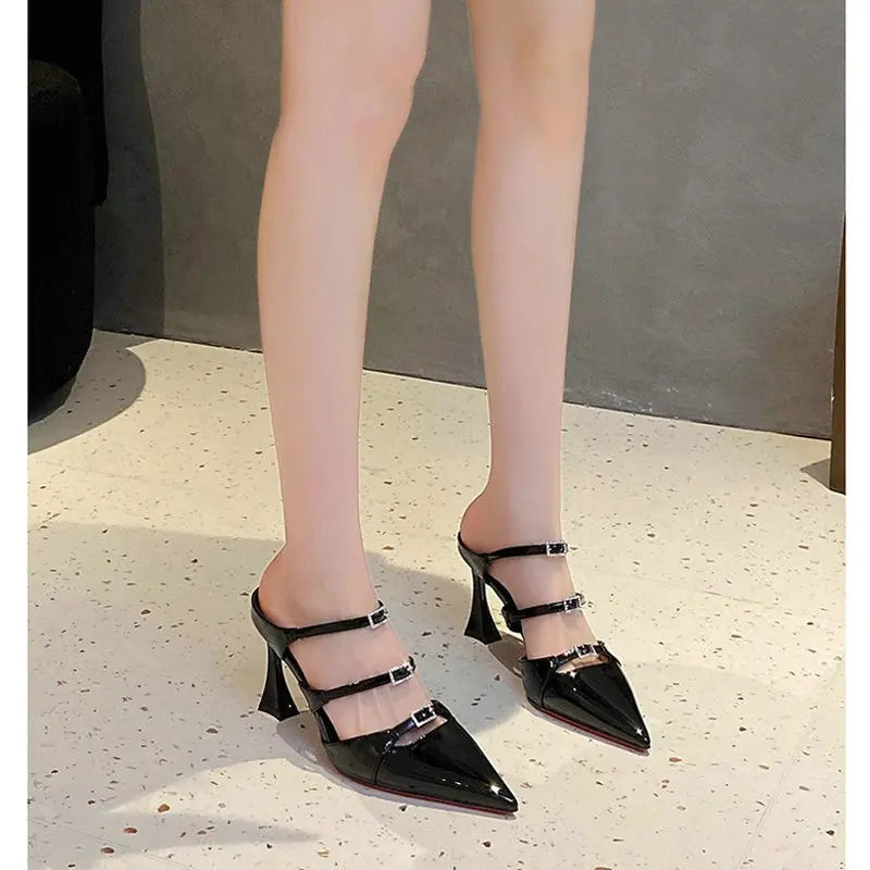 Style Pointed Toe Beaded Patent Leather High Heel