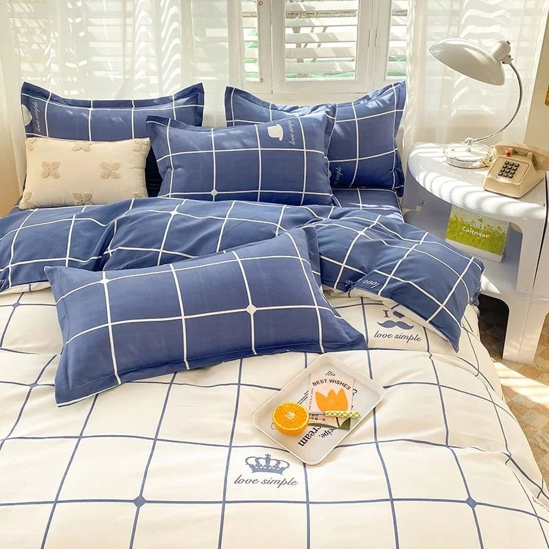 Ins Orange Checkerboard Duvet Cover Flat Sheet Pillowcases Twin Full Double Size Pink Blue Bedding Set