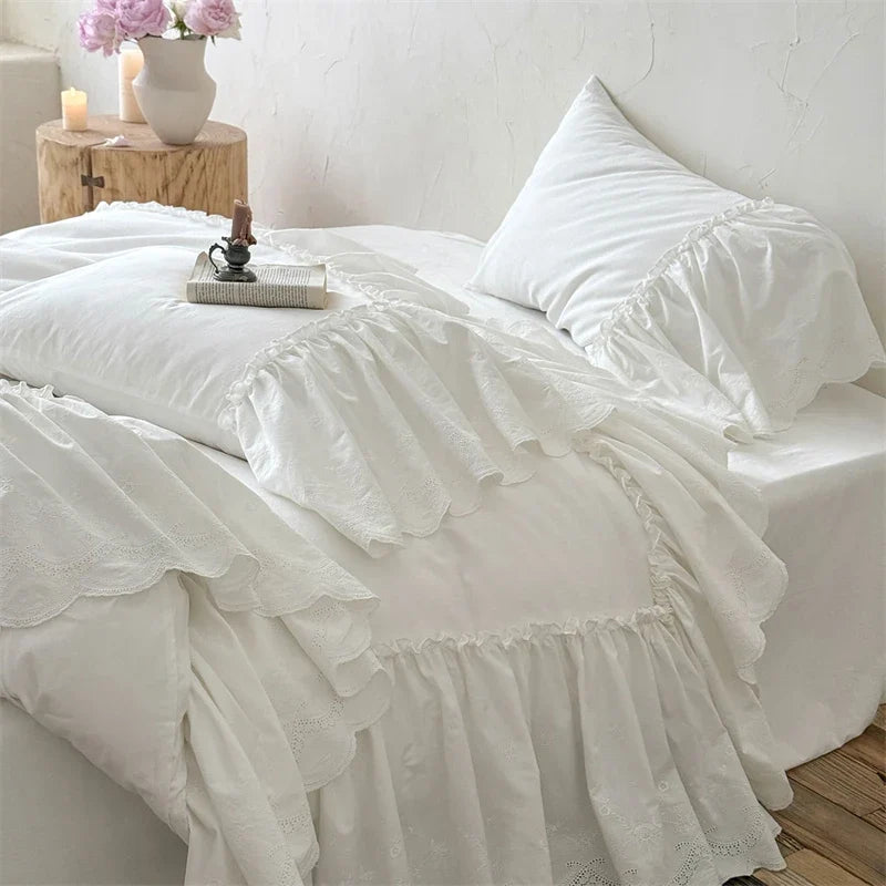 100% Cotton White Pleated Ruffles Princess Wedding Bedding Set