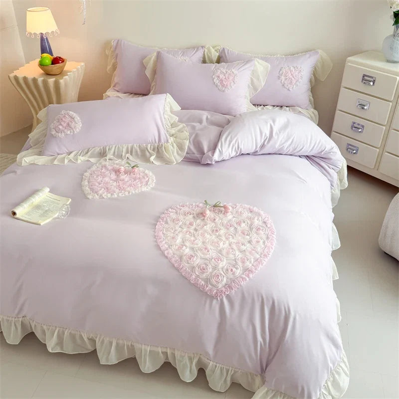 3/4Pcs French Princess Style Washed Cotton Embroidered Pink Rose Bed Skirt Fitted Sheet 200X230 Quilt Cover Bedding Set