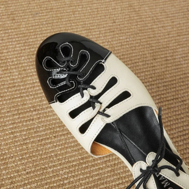 leather cowhide lace up low Heel