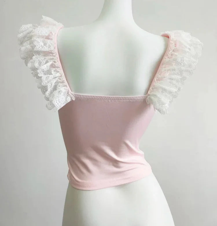 Wonder-hop Pink Coquette Bustier Top with Bunny Ears and Lace Ruffles