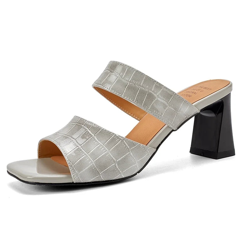 leather embossed cowhide high-heeled retro open toed fish mouth Shoes