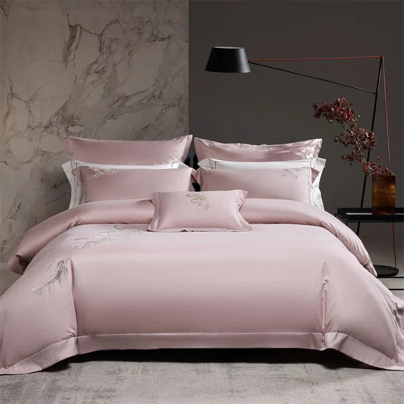 Chinese Style Koi Embroidery 1000TC Lyocell Cotton Brushed Bedding Set